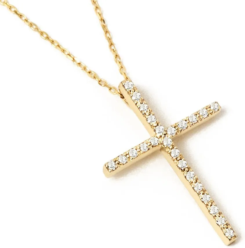 Diamond 14K Solid Gold Cross Necklace for Women | 14K Real Gold Protection Pendant Necklace | Dainty Pave Diamond Cross Necklace | Women's 14K Gold Christian Jewelry | Gift for Birthday, 18"
