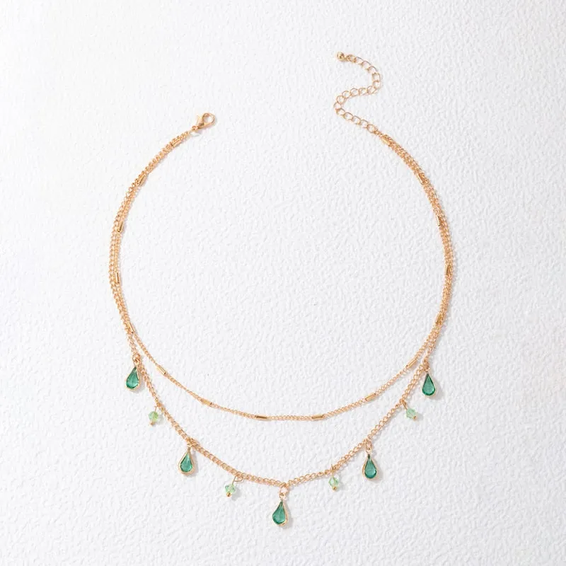 Docona Boho Water Drop Colorful Crystal Pendant Multilayer Necklace for Women