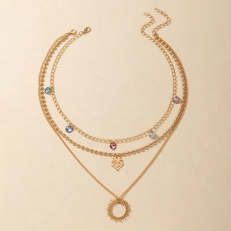 Docona Boho Water Drop Colorful Crystal Pendant Multilayer Necklace for Women
