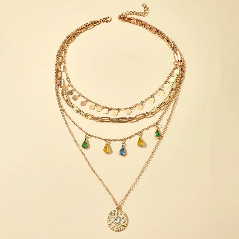 Docona Boho Water Drop Colorful Crystal Pendant Multilayer Necklace for Women
