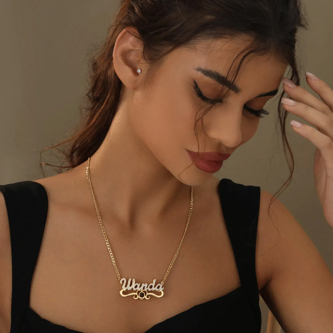 Double Plated Iced Heart Photo Name Necklace w/ Cuban Chain