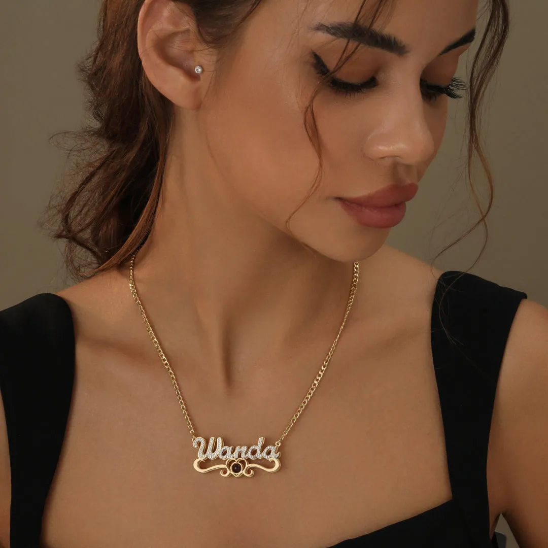 Double Plated Iced Heart Photo Name Necklace w/ Cuban Chain