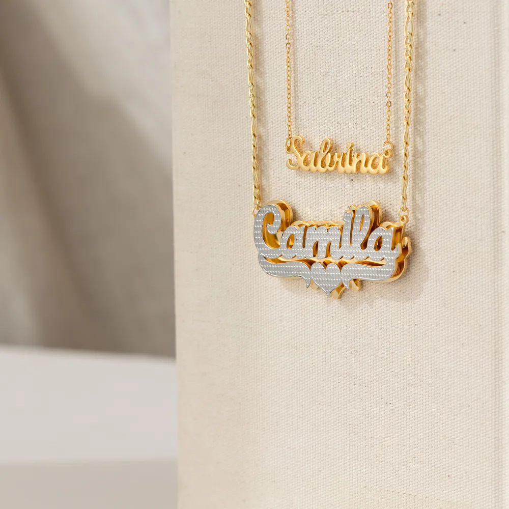 Double Plated Pop Out Heart Name Necklace w/ Figaro Chain