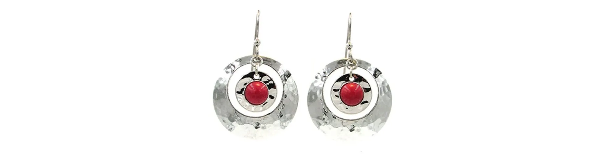 Earrings Silver Hammered Open Circle w/Stone - Silver Forest