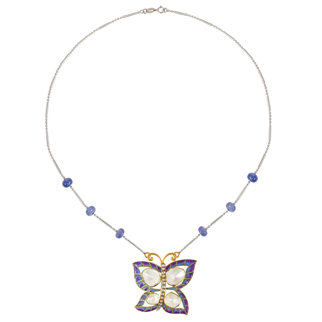 Enchanting Butterfly Moissanite Polki Necklace: Graceful Beauty in 925 Sterling Silver - A Whimsical Addition to Your Collection