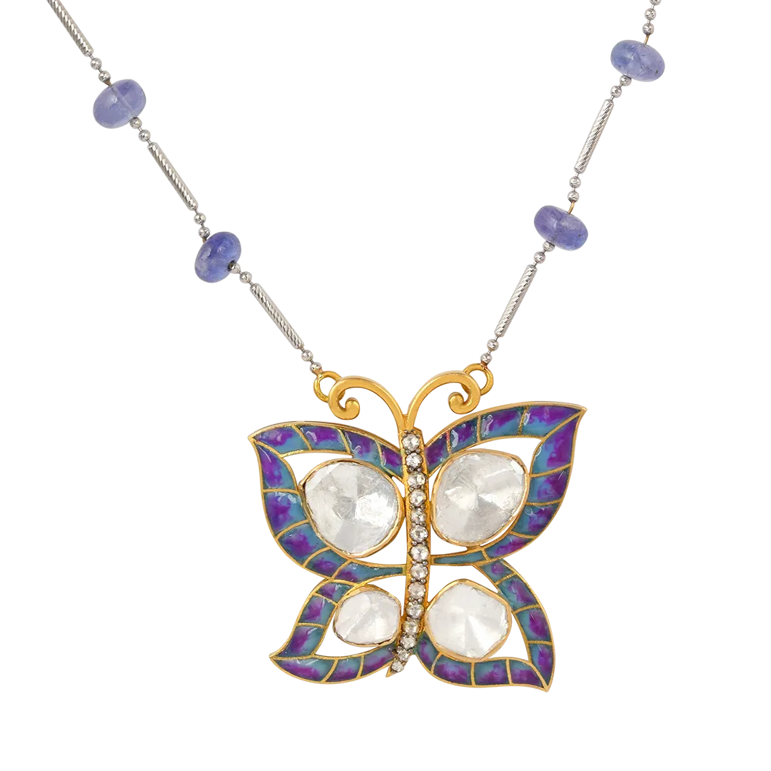 Enchanting Butterfly Moissanite Polki Necklace: Graceful Beauty in 925 Sterling Silver - A Whimsical Addition to Your Collection
