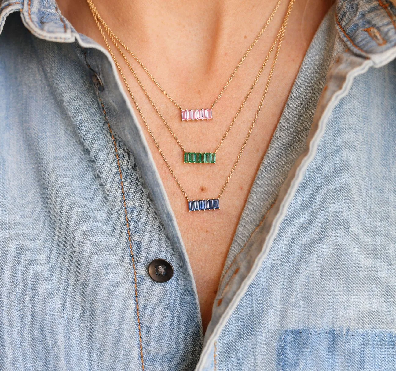 Eriness Blue Sapphire Baguette Staple Necklace