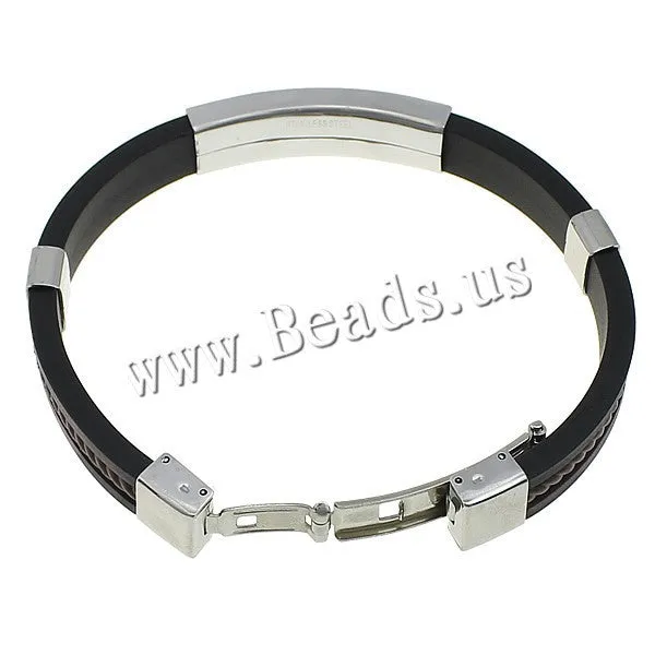 Fashion Punk Bracelet Stainless Steel Cuff Bangle Silver Hand Chain Black Silicon Wristband