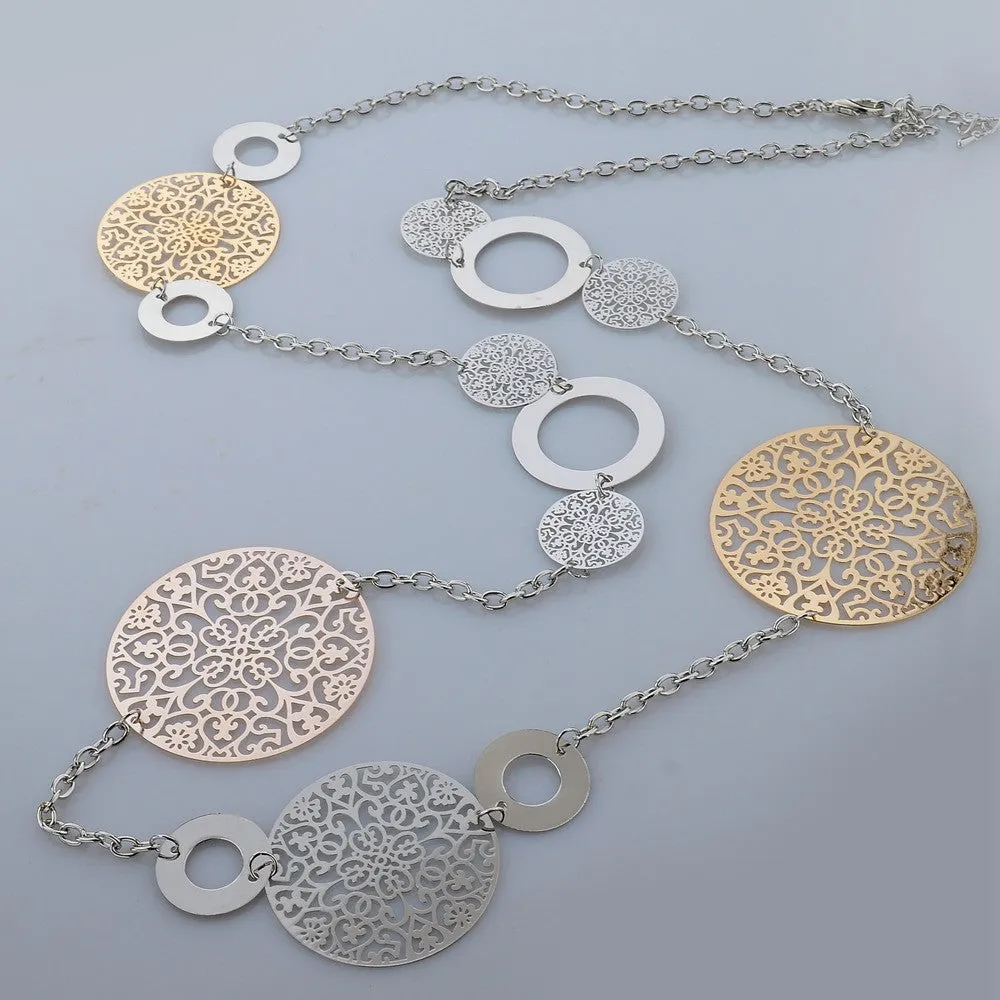 Fashion Statement Necklaces For Women Vintage Oval Hollow Gold Silver Plated Long Necklace Accessories Jewelry