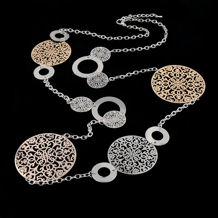 Fashion Statement Necklaces For Women Vintage Oval Hollow Gold Silver Plated Long Necklace Accessories Jewelry