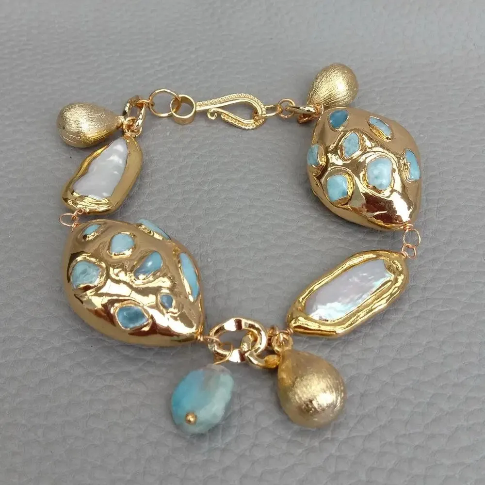 Freshwater Cultured White Biwa Pearl Blue Larimar Beaded Charm Bracelet