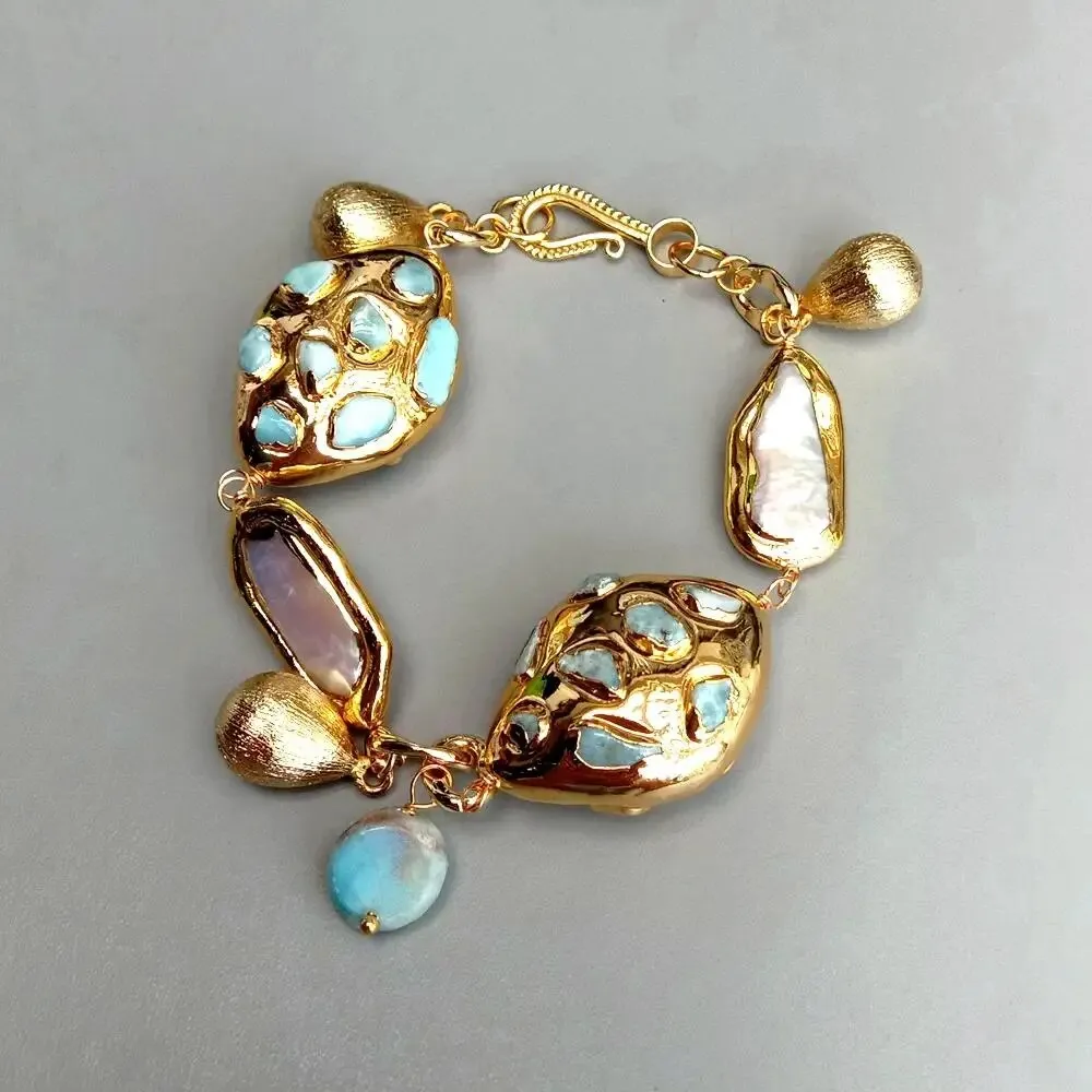 Freshwater Cultured White Biwa Pearl Blue Larimar Beaded Charm Bracelet