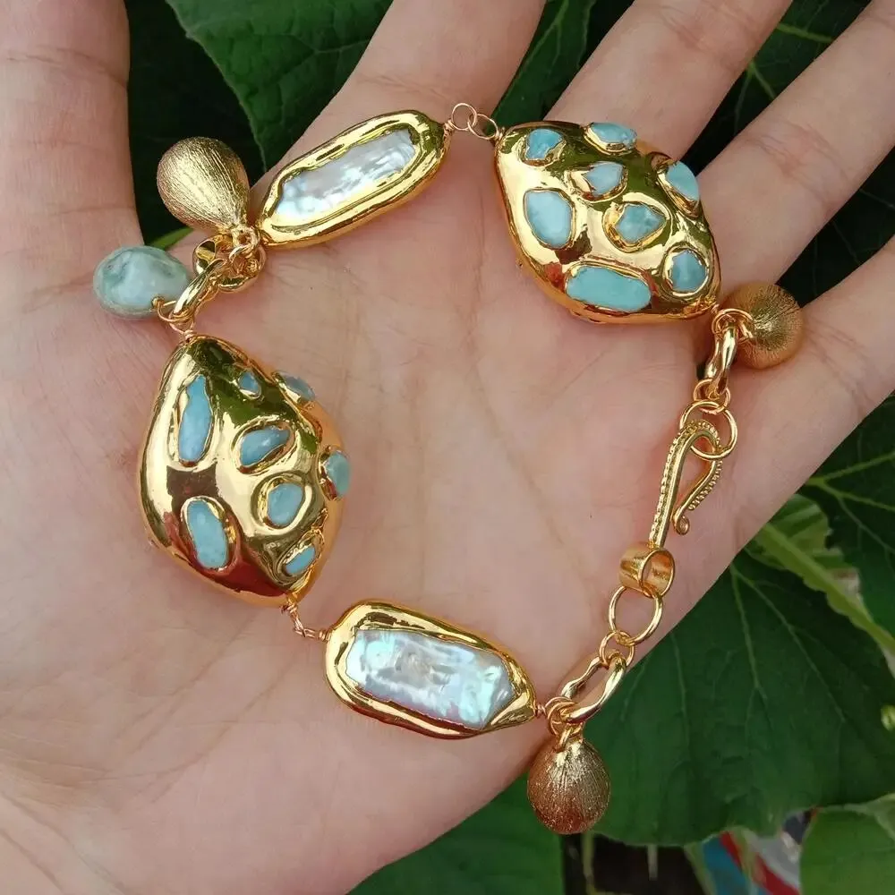 Freshwater Cultured White Biwa Pearl Blue Larimar Beaded Charm Bracelet
