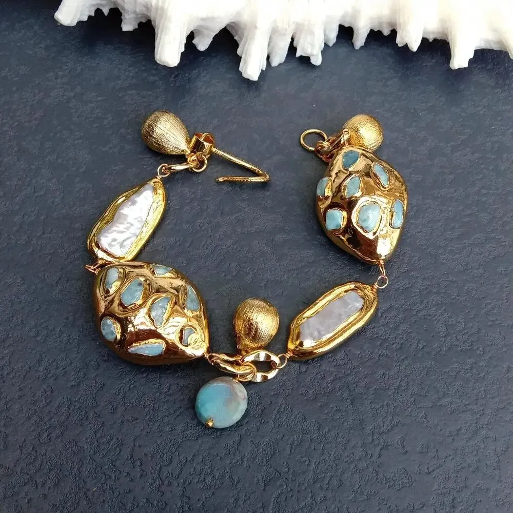 Freshwater Cultured White Biwa Pearl Blue Larimar Beaded Charm Bracelet