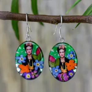 Frida Kahlo in Headress Mexican Flowers Medium Hook Earrings