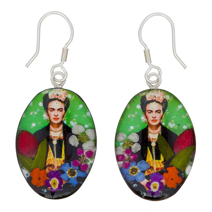 Frida Kahlo in Headress Mexican Flowers Medium Hook Earrings