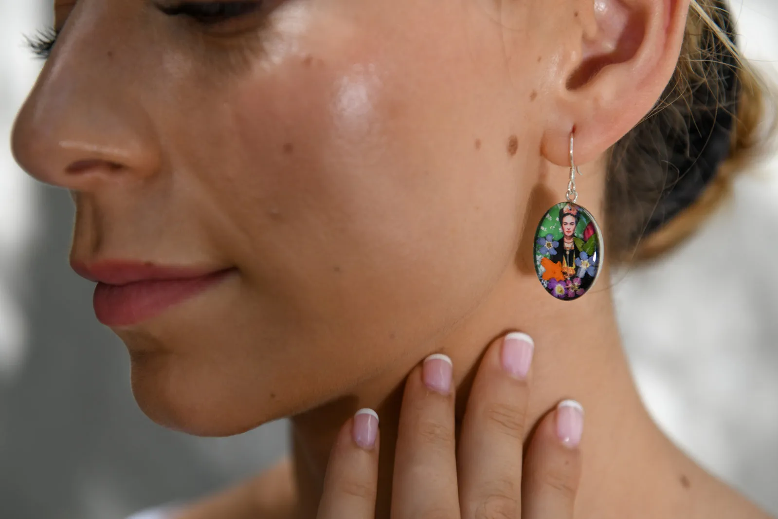 Frida Kahlo in Headress Mexican Flowers Medium Hook Earrings