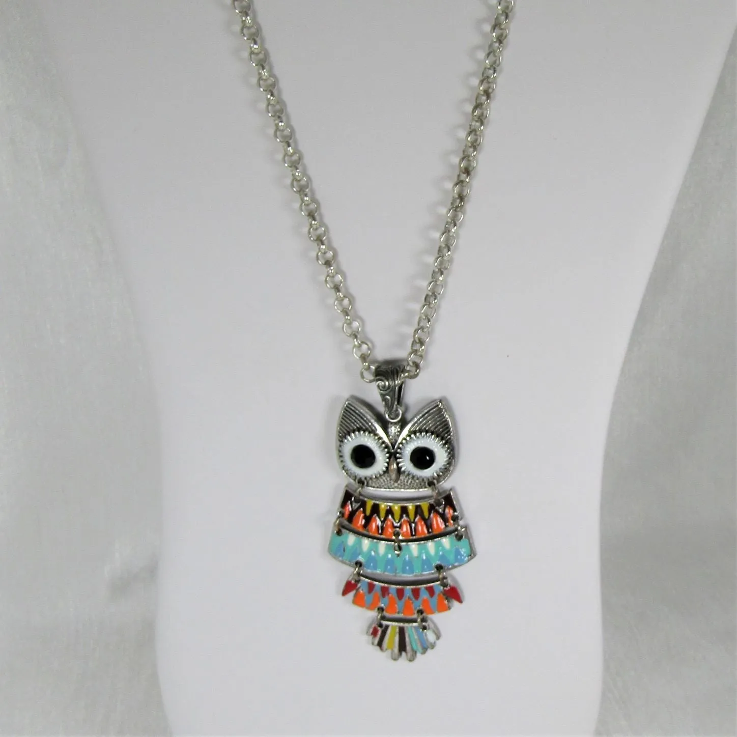 Fun Colorful Hoot Owl Pendant on  Aluminum Chain Necklace