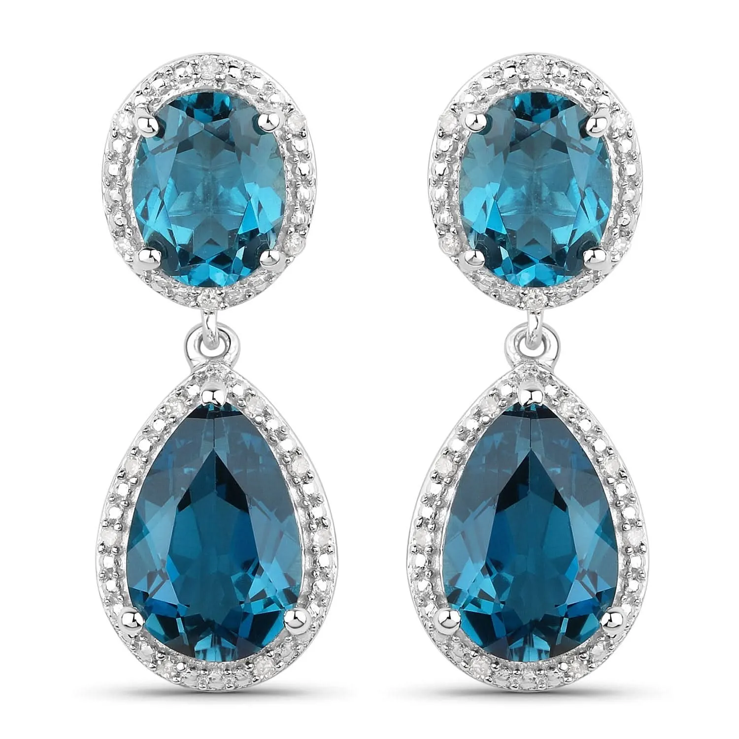 Genuine London Blue Topaz and White Diamond Silver Earrings