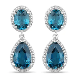 Genuine London Blue Topaz and White Diamond Silver Earrings