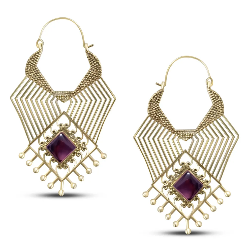 Geometric Beaded Purple Labradorite Stone Drop Earrings