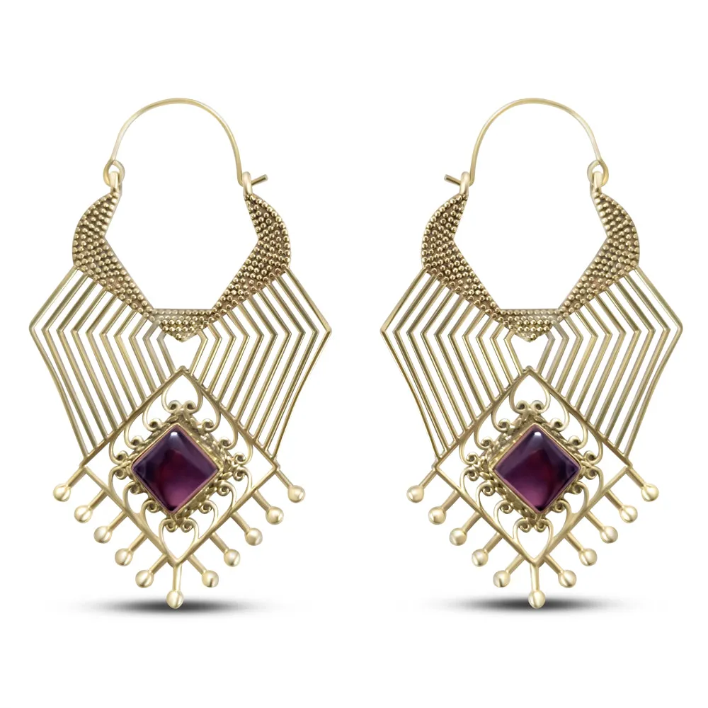 Geometric Beaded Purple Labradorite Stone Drop Earrings