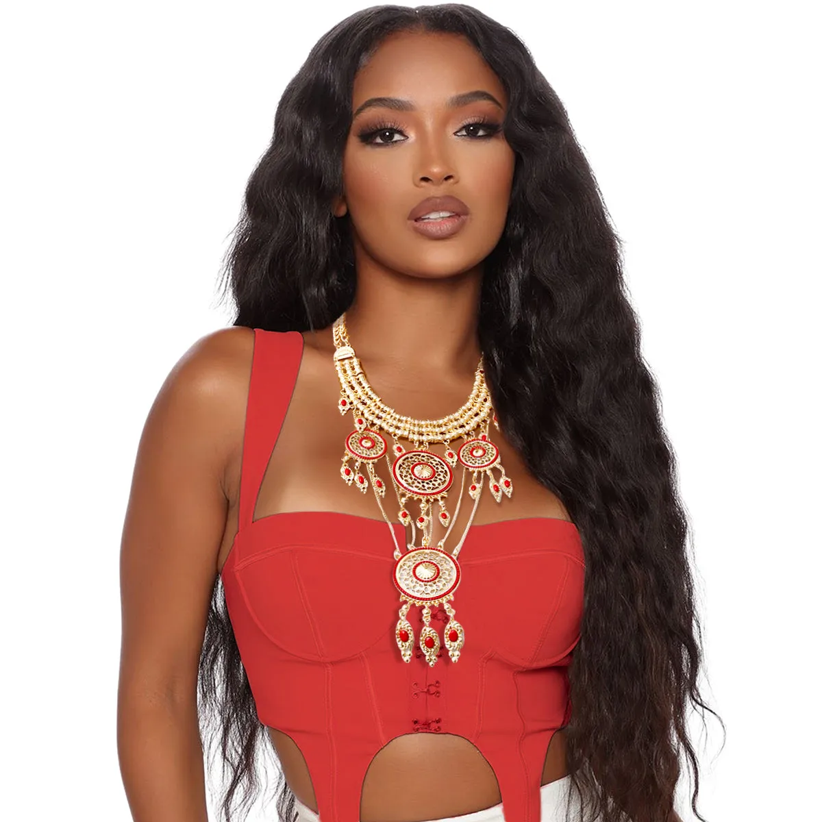 Gold and Red Mandala Necklace Set