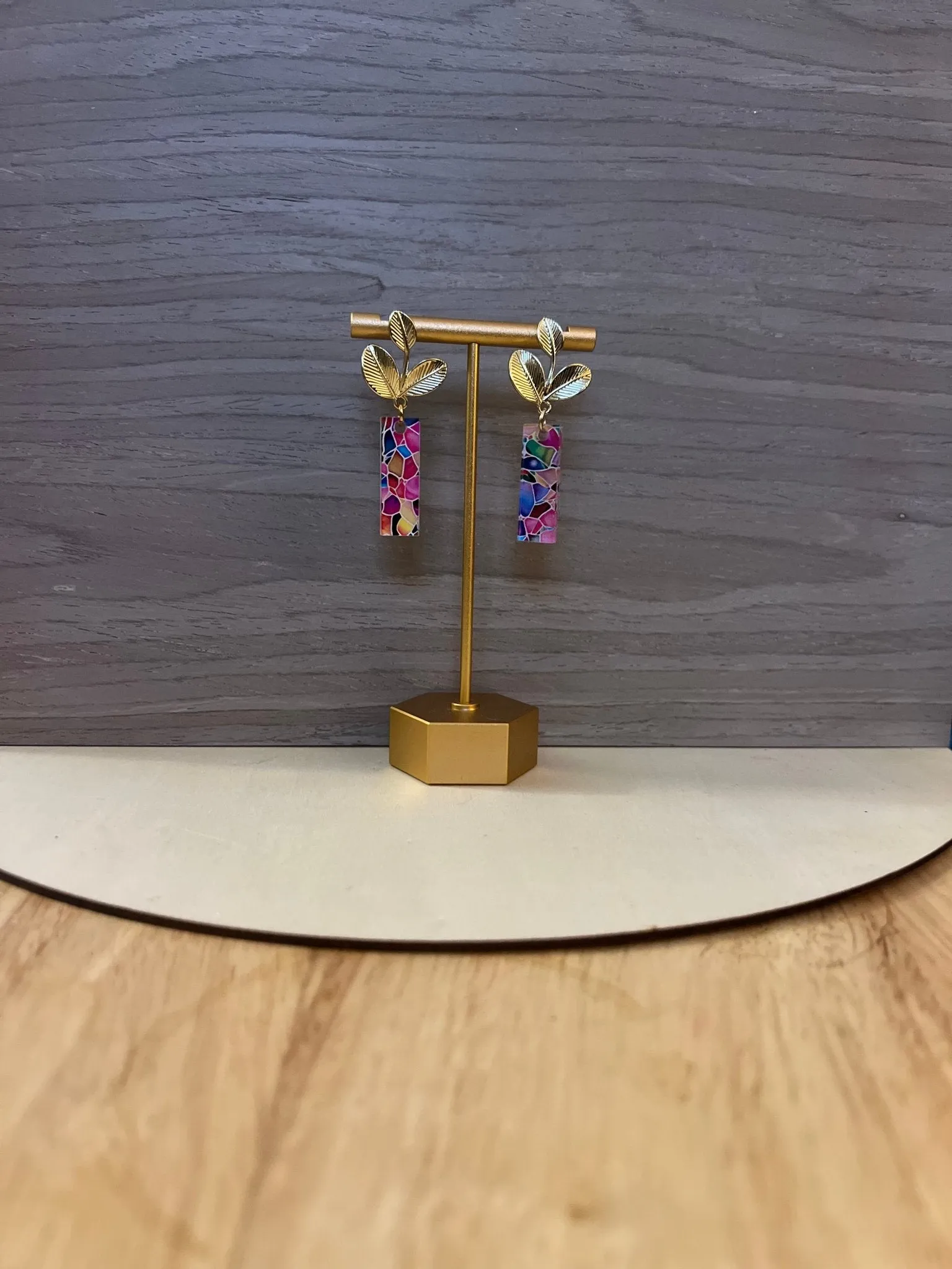 Gold Leaf Studs with multi colored “stained glass” pendants