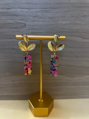 Gold Leaf Studs with multi colored “stained glass” pendants