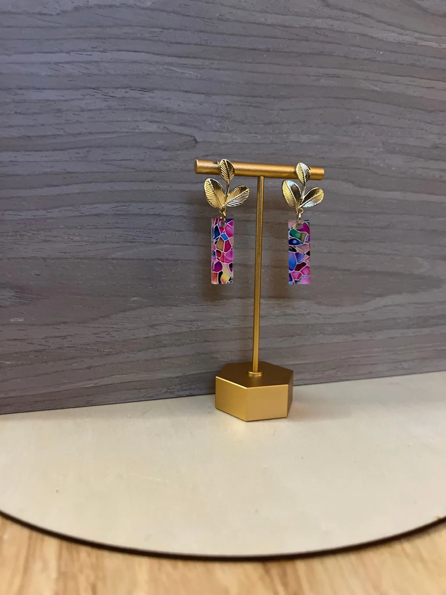 Gold Leaf Studs with multi colored “stained glass” pendants