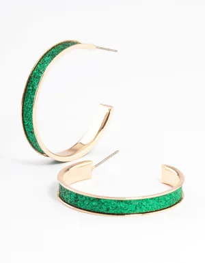 Gold Medium Wide Glitter Hoop Earrings