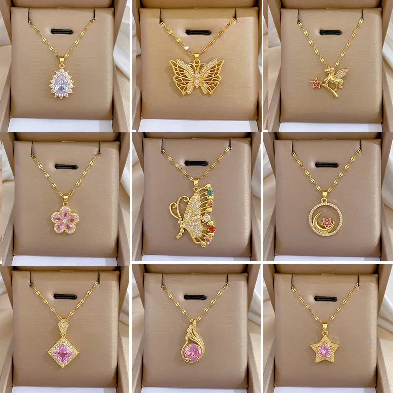 Gold Plated Charming Colorful Rhinestone Butterfly Pendant Neckalce For Women