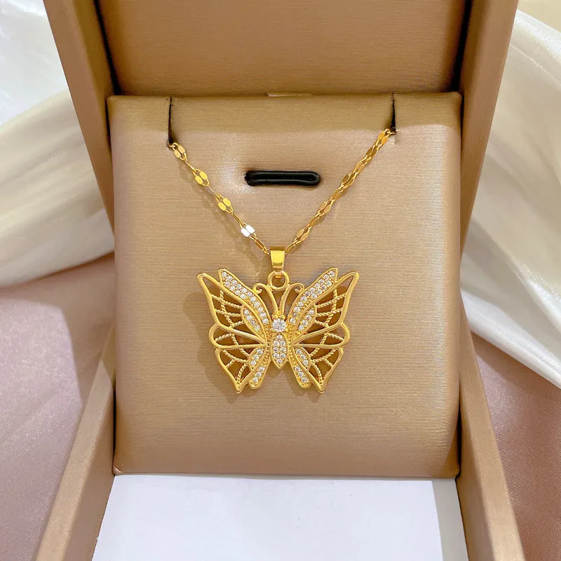 Gold Plated Charming Colorful Rhinestone Butterfly Pendant Neckalce For Women