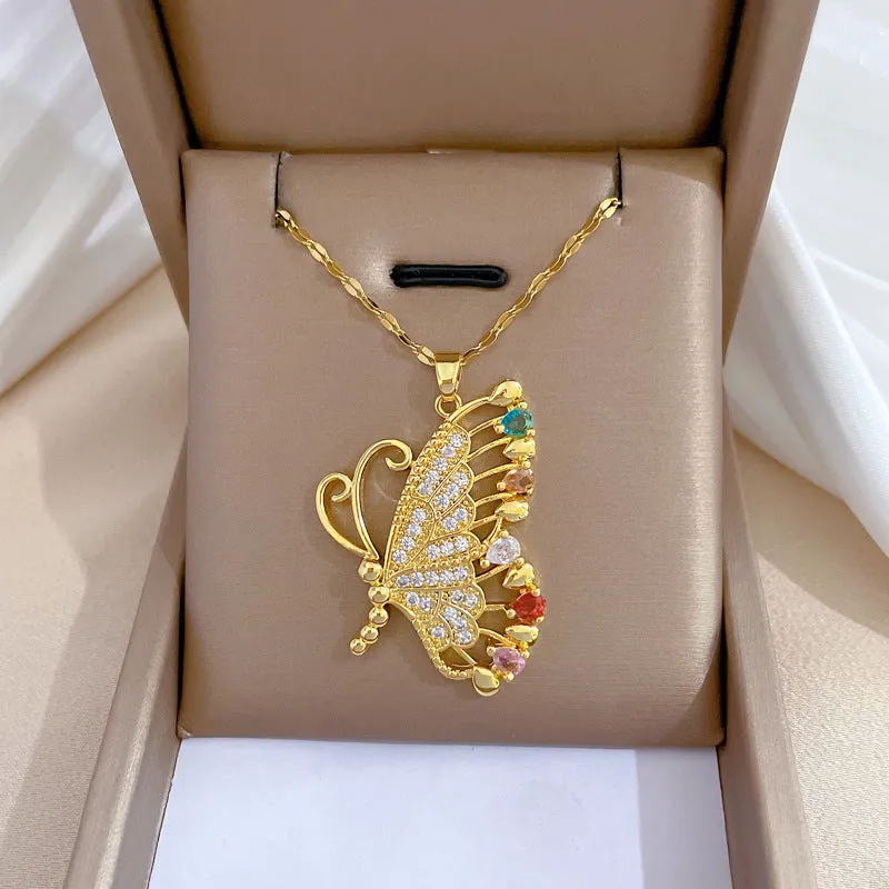 Gold Plated Charming Colorful Rhinestone Butterfly Pendant Neckalce For Women