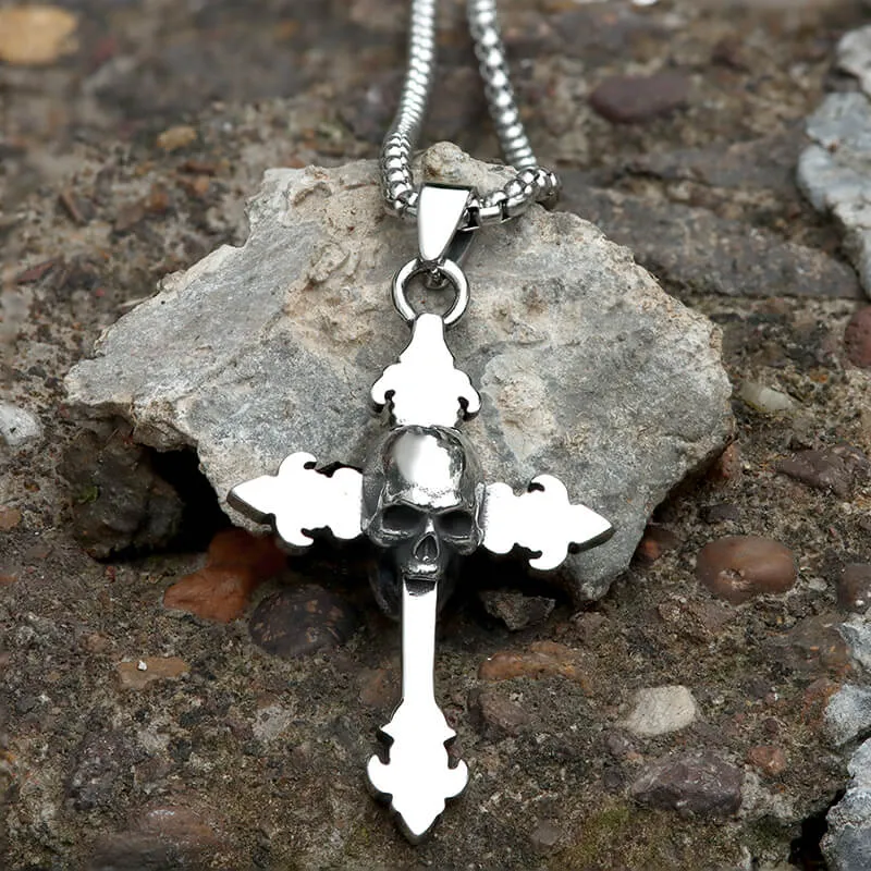 Gothic Cross Stainless Steel Skull Pendant