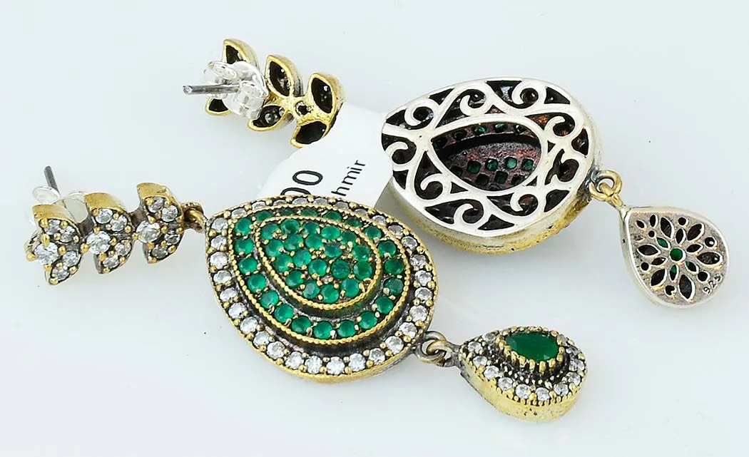 Green Pear Shape Earrings Emerald Vintage Dangle Drop 925 Sterling Silver Handcrafted