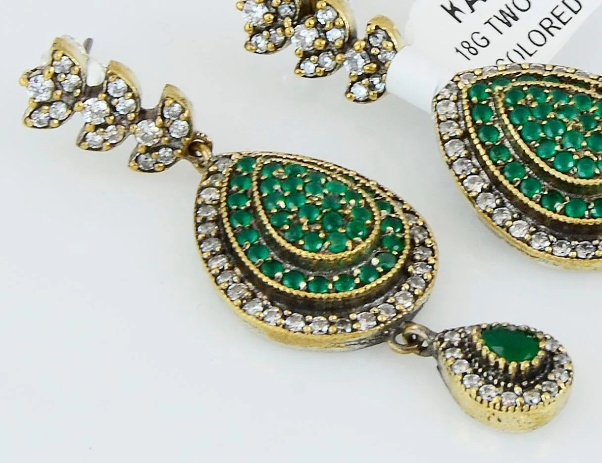 Green Pear Shape Earrings Emerald Vintage Dangle Drop 925 Sterling Silver Handcrafted