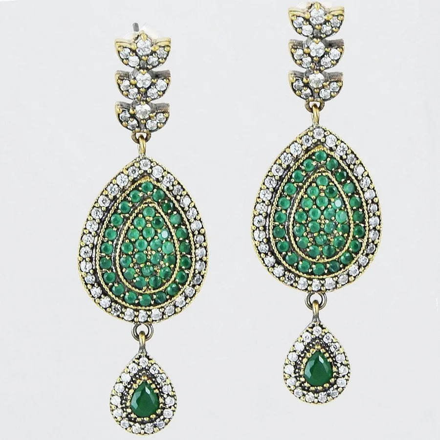 Green Pear Shape Earrings Emerald Vintage Dangle Drop 925 Sterling Silver Handcrafted