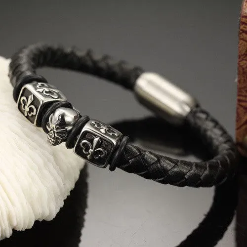 Hot sale new fashion jewelry men's stainless steel skull bracelets leather bracelet rock man accessories