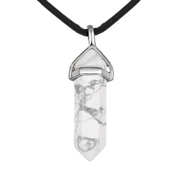 Howlite Pendulum Pendant Healing Point Size 40x8mm Silver Leather Cord