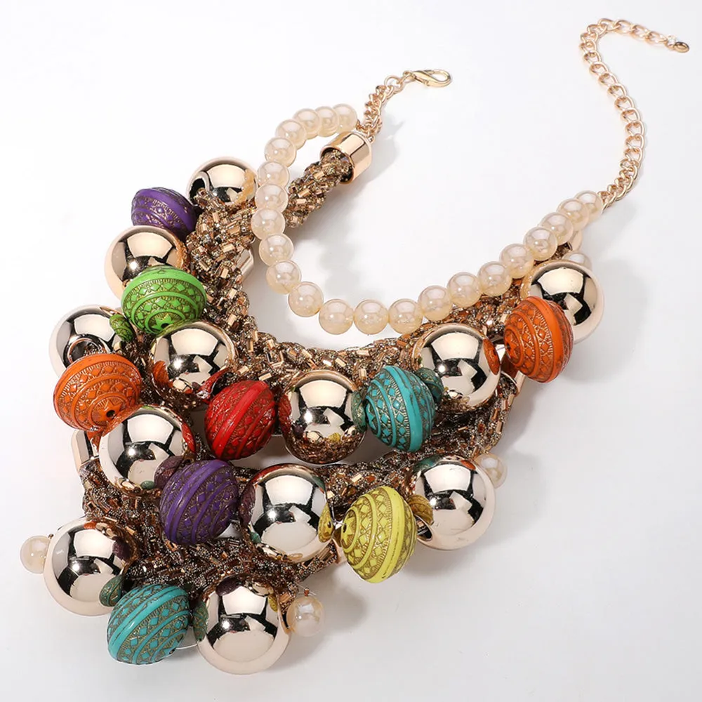 iLLASPARKZ Chunky Metal Textured Ball Glass Ball Beaded Baguette Stone Embellished Braided Chain Layered Statement Necklace