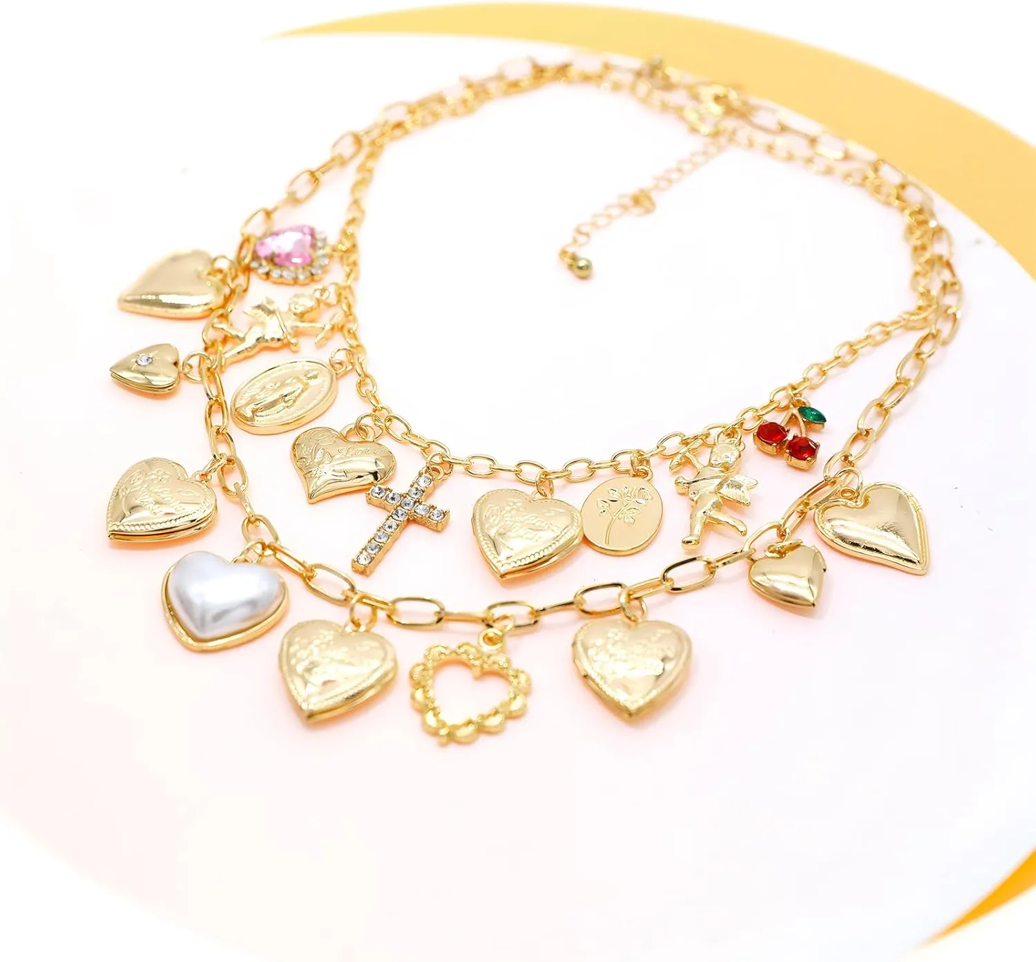 JNF Chunky Layer Heart Charm Necklace for Women Boho Heart Sun Flower Key Coins Charms Necklaces Paperclip Link Chain Necklace Y2K Statement Jewelry