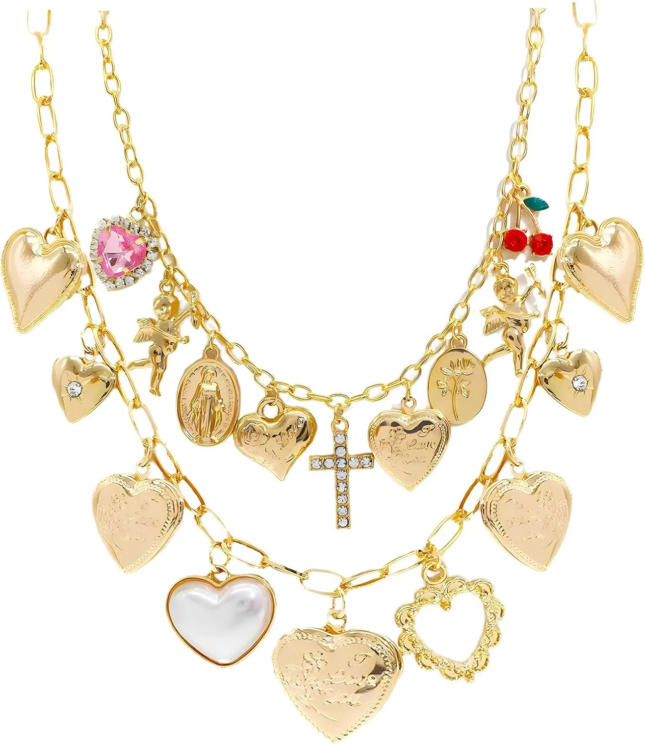 JNF Chunky Layer Heart Charm Necklace for Women Boho Heart Sun Flower Key Coins Charms Necklaces Paperclip Link Chain Necklace Y2K Statement Jewelry