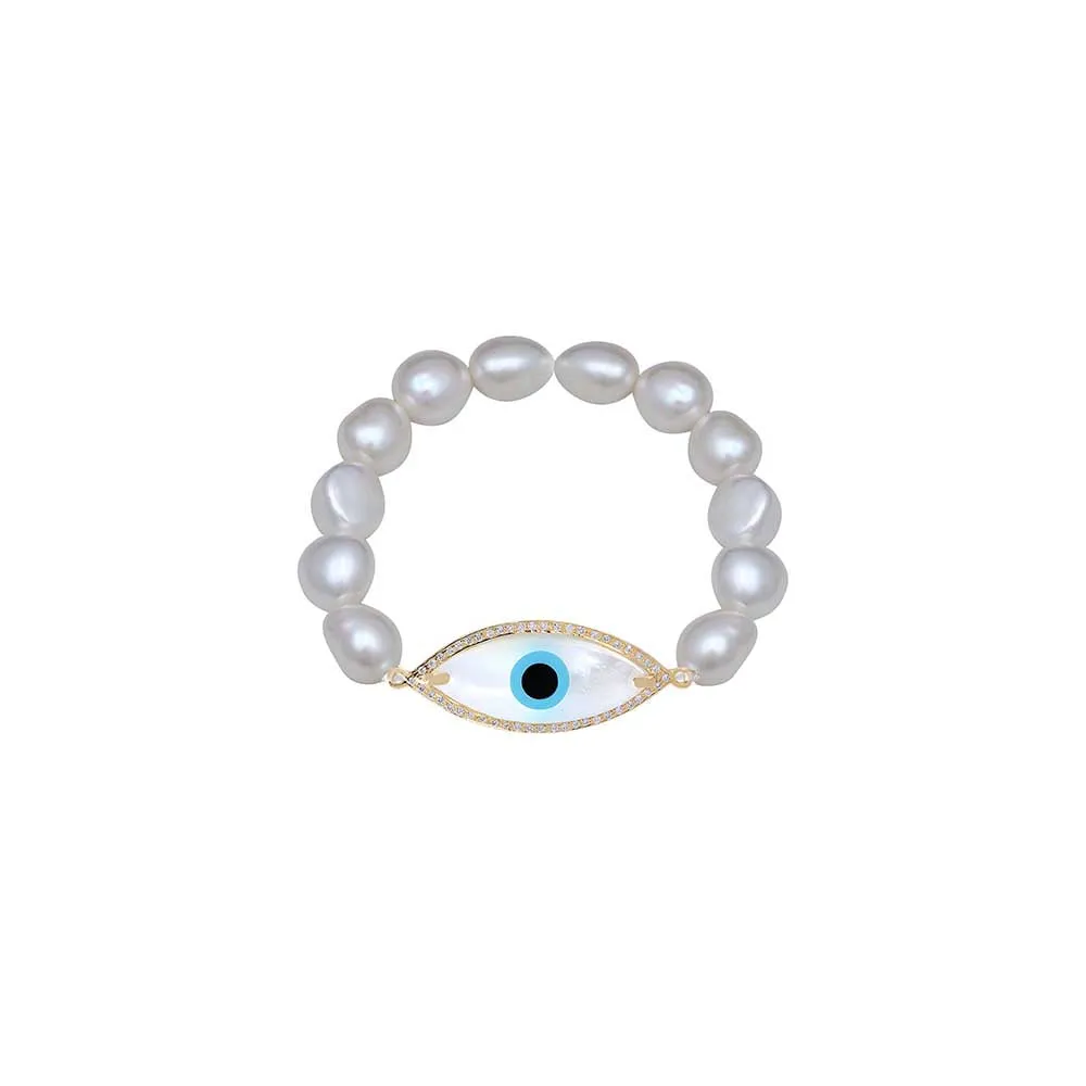 Kaj Fine Jewellery Large Marquise Evil Eye Diamond Pearl Bracelet in 14KT Yellow Gold