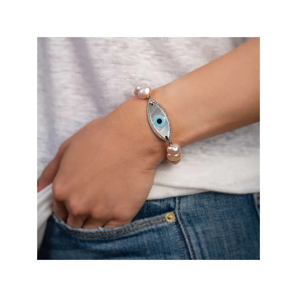 Kaj Fine Jewellery Large Marquise Evil Eye Diamond Pearl Bracelet in 14KT Yellow Gold
