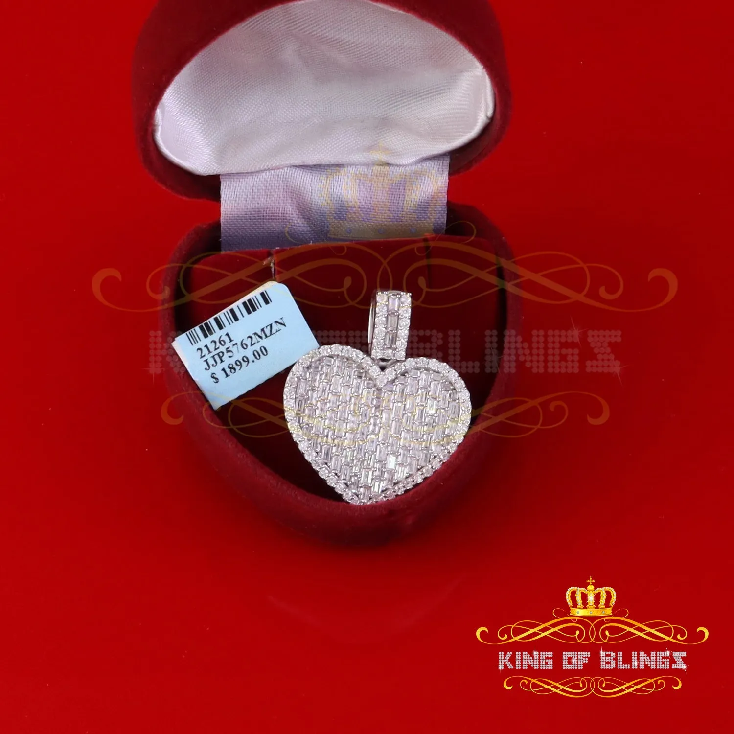 King Of Bling's 925 Sterling White Silver 6.50ct VVS D Clr. Moissanite Heart Pendant Men/ Womens