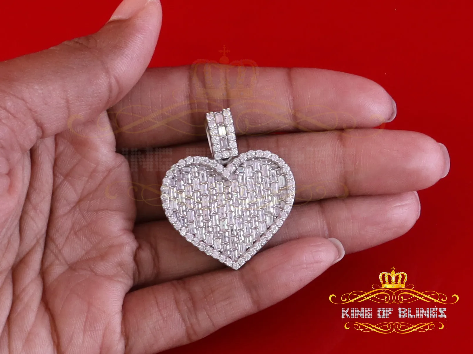 King Of Bling's 925 Sterling White Silver 6.50ct VVS D Clr. Moissanite Heart Pendant Men/ Womens