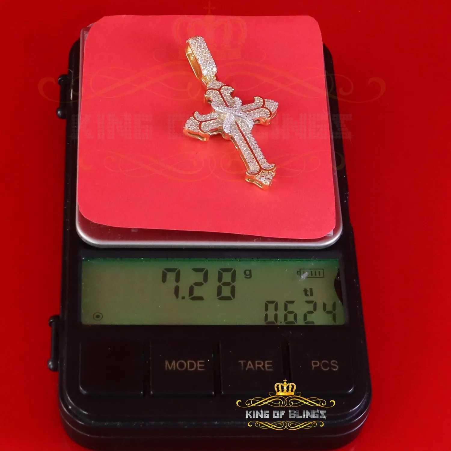 King Of Bling's 925 Sterling Yellow Silver 1.50ct VVS D Clr.Moissanite Cross Pendant Men/ Women.