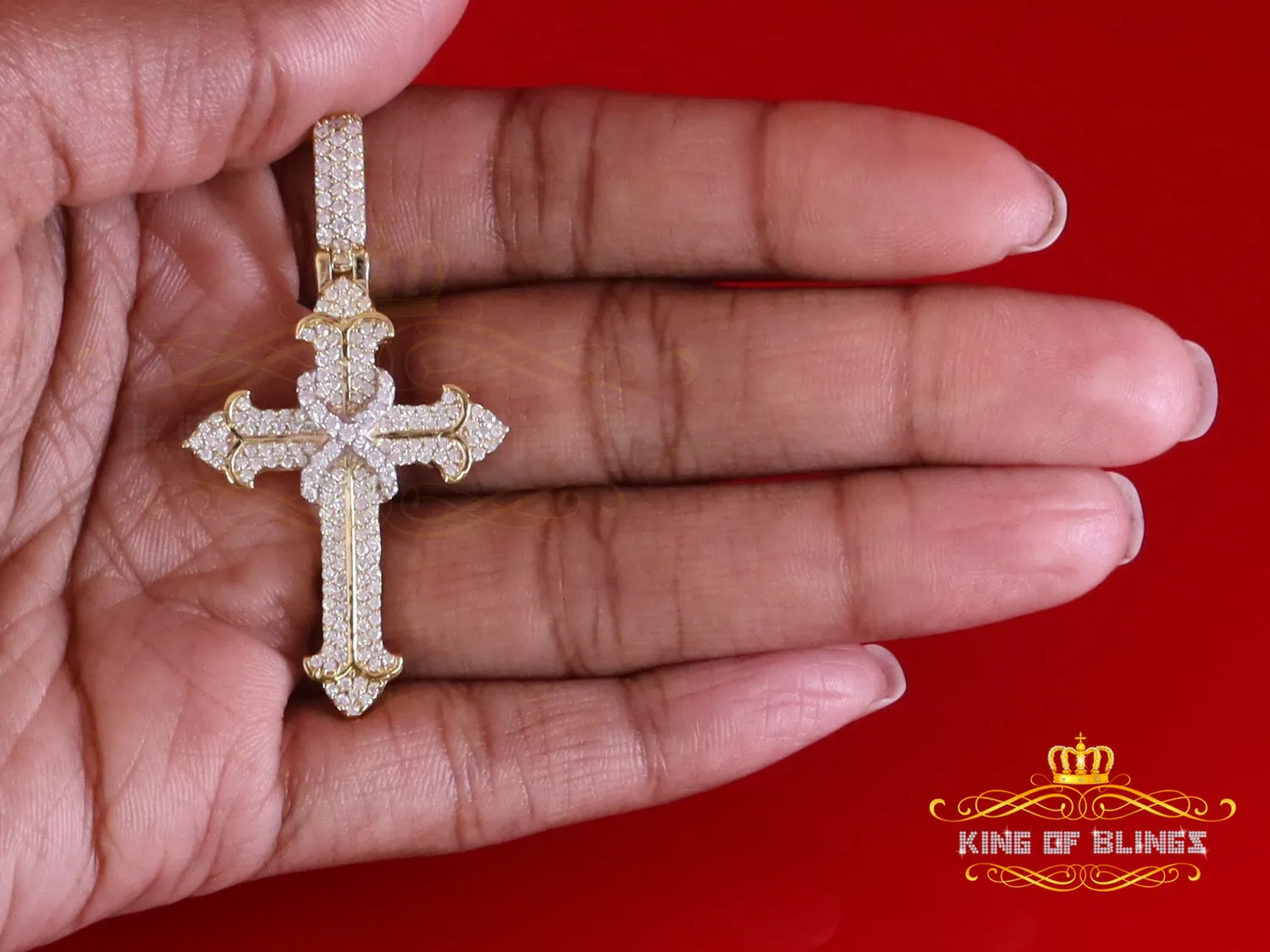 King Of Bling's 925 Sterling Yellow Silver 1.50ct VVS D Clr.Moissanite Cross Pendant Men/ Women.