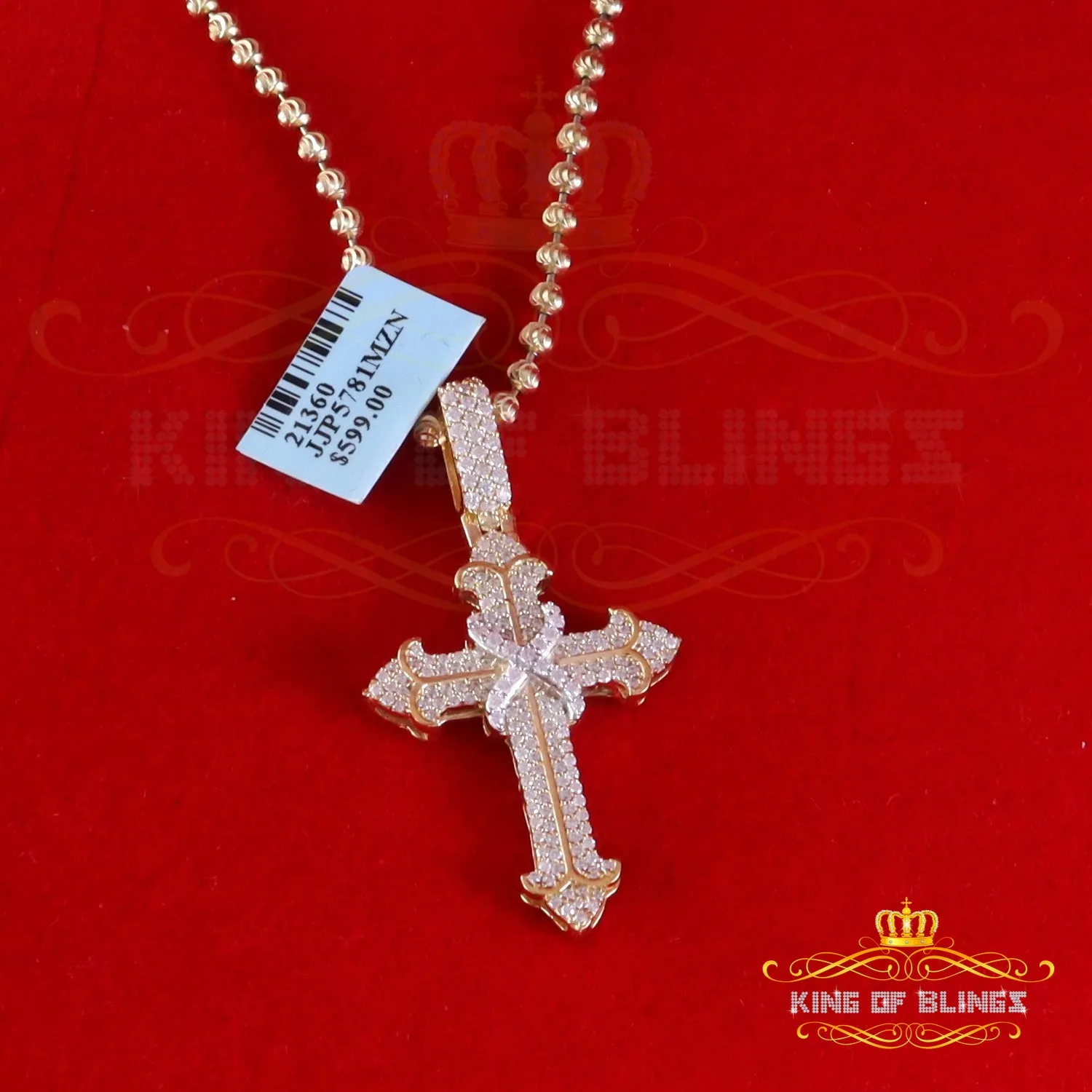 King Of Bling's 925 Sterling Yellow Silver 1.50ct VVS D Clr.Moissanite Cross Pendant Men/ Women.